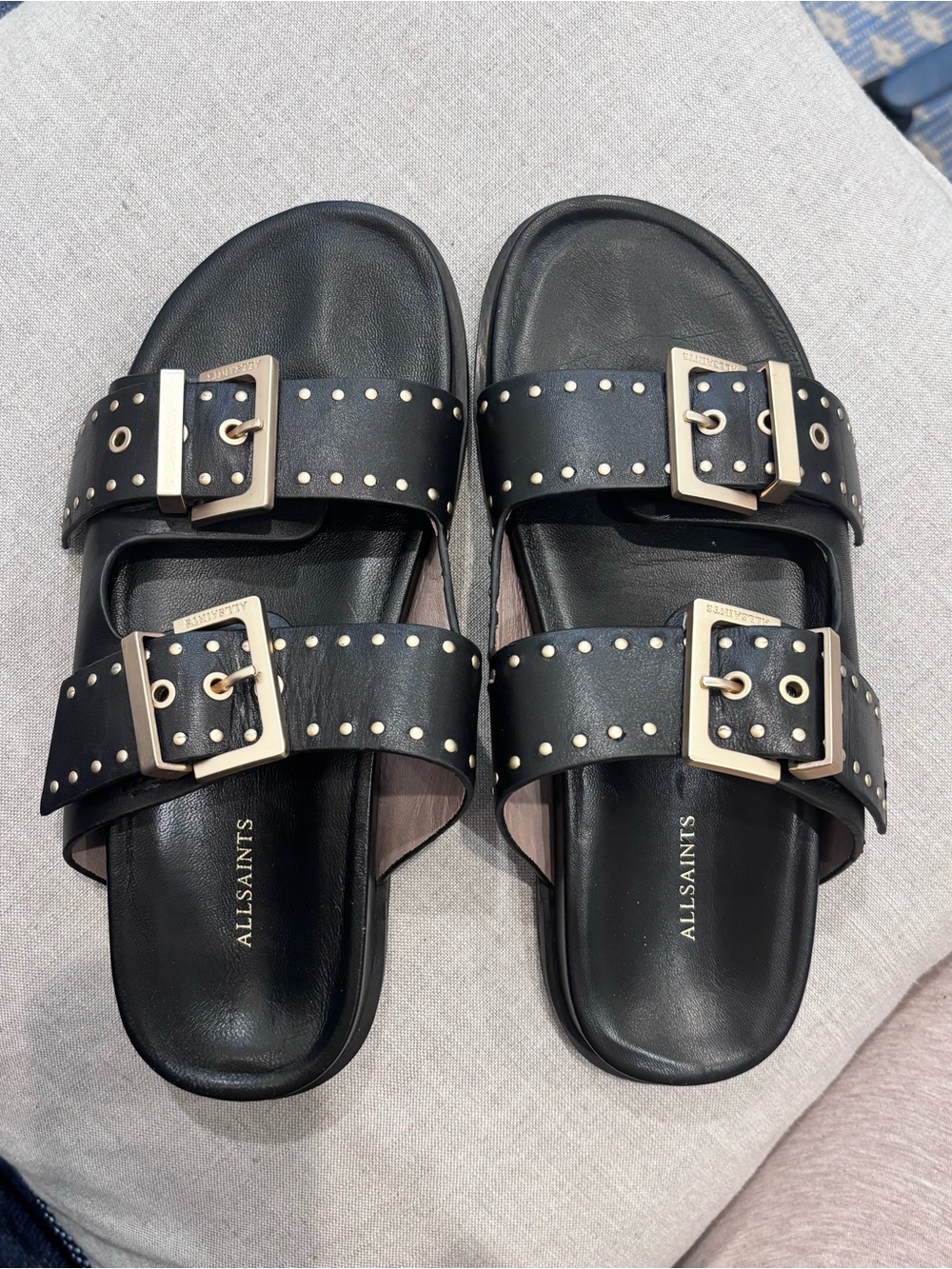 All Saints Black Leather Double-Buckle Gold Stud Slide Sandals USA SZ 8.